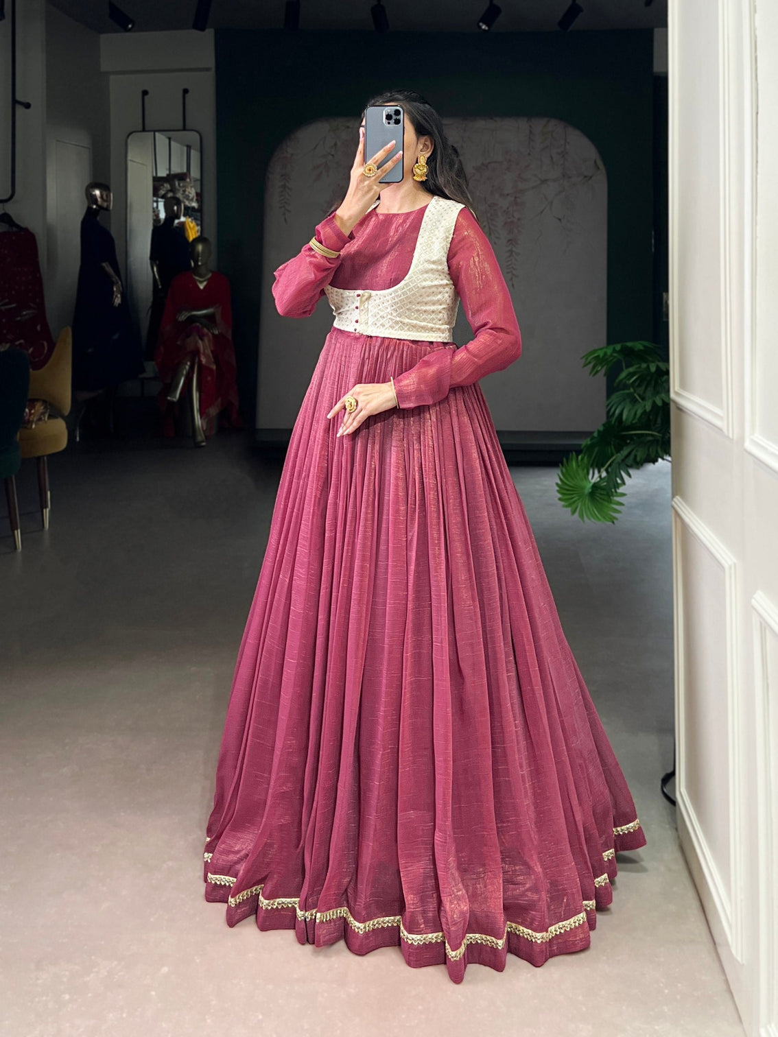 Rose Pink Elegant Silver Glossy Stitched Gown with Embroidered Georgette Koti – Lace & Sequin Detailing