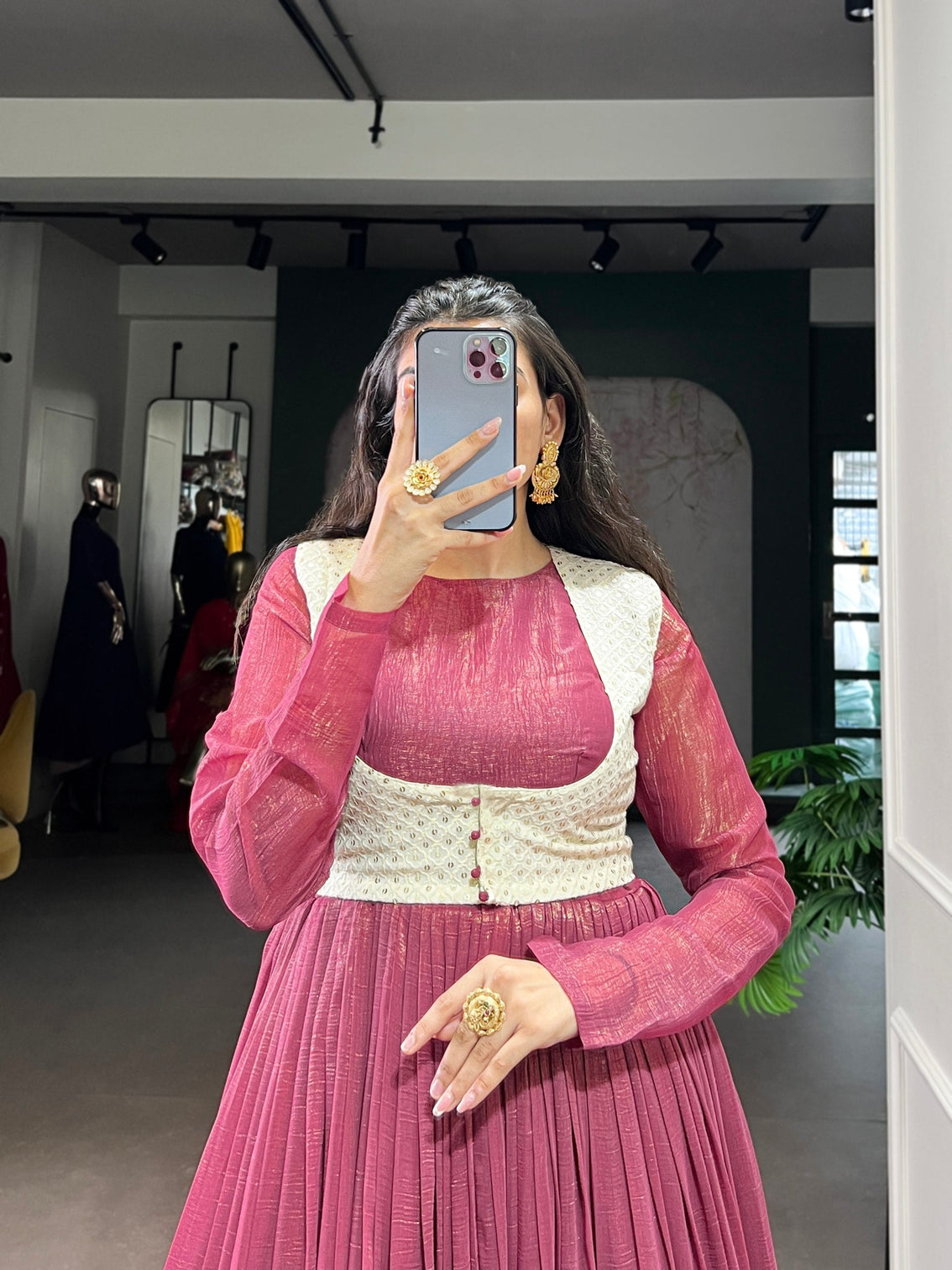 Rose Pink Elegant Silver Glossy Stitched Gown with Embroidered Georgette Koti – Lace & Sequin Detailing