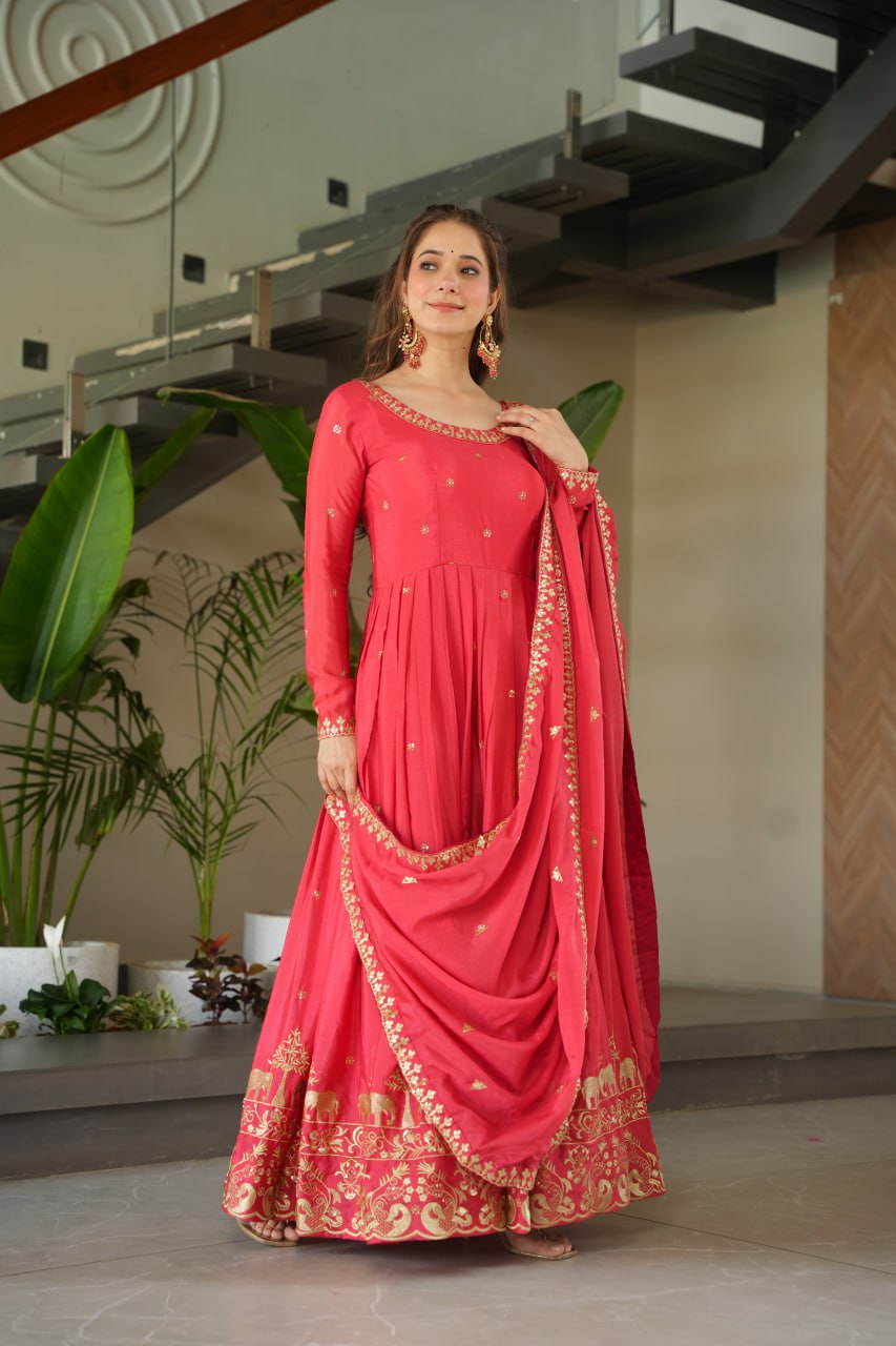 Rose Pink Graceful Chinnon Embroidered Gown Set with Designer Dupatta