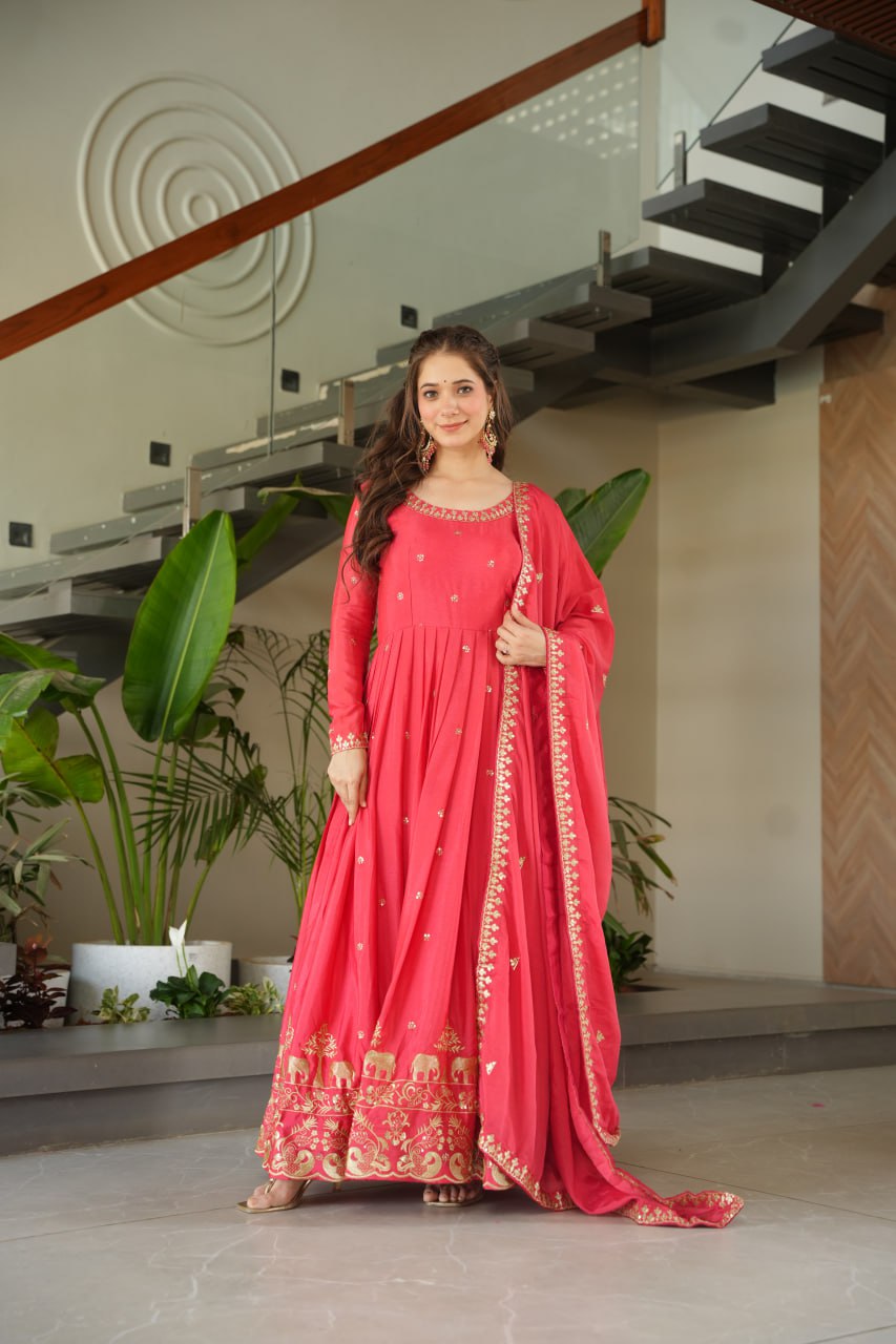 Rose Pink Graceful Chinnon Embroidered Gown Set with Designer Dupatta