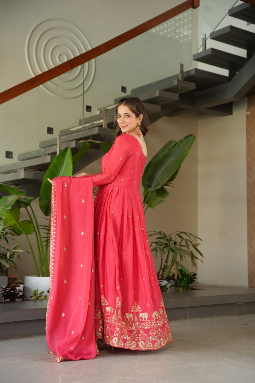 Rose Pink Graceful Chinnon Embroidered Gown Set with Designer Dupatta