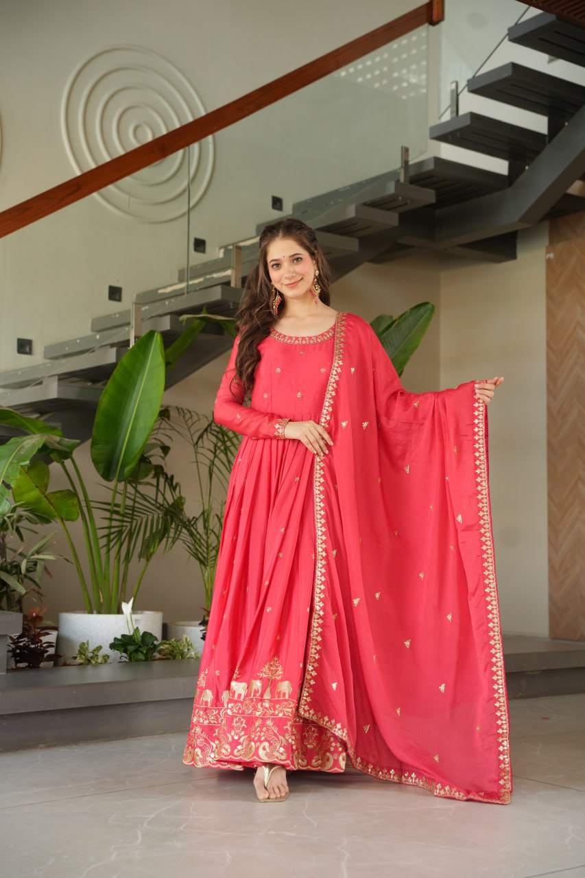 Rose Pink Graceful Chinnon Embroidered Gown Set with Designer Dupatta