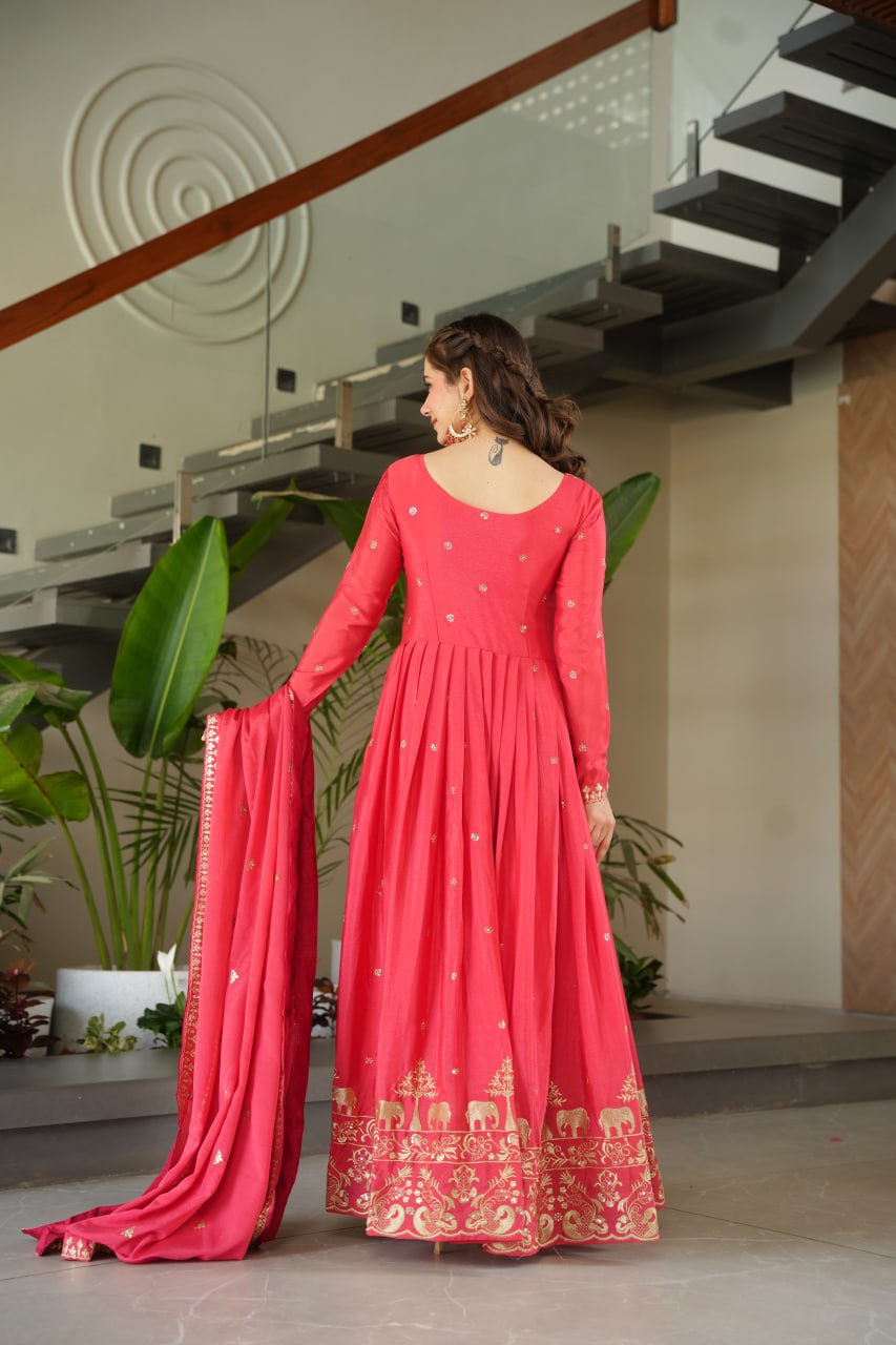 Rose Pink Graceful Chinnon Embroidered Gown Set with Designer Dupatta