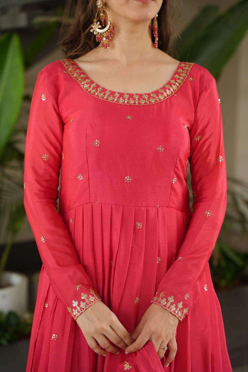 Rose Pink Graceful Chinnon Embroidered Gown Set with Designer Dupatta
