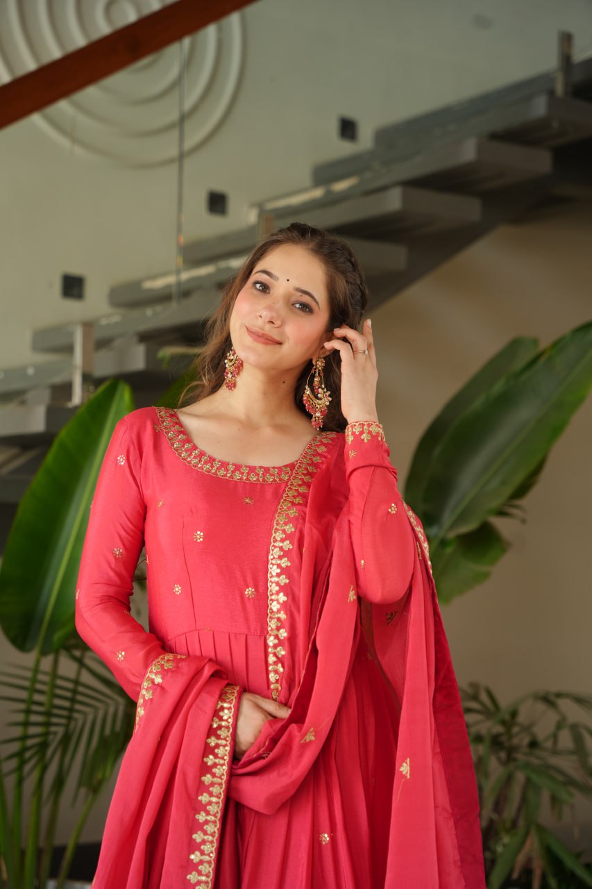 Rose Pink Graceful Chinnon Embroidered Gown Set with Designer Dupatta