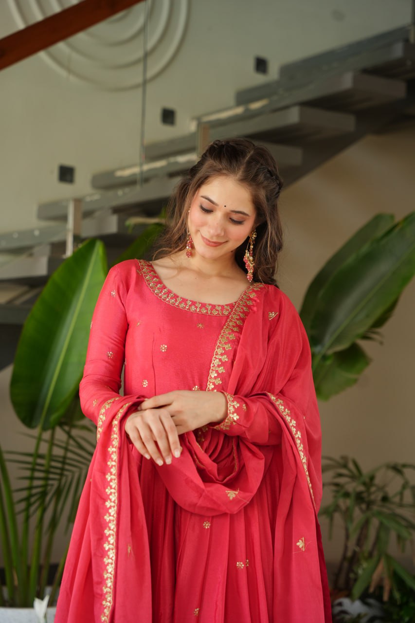 Rose Pink Graceful Chinnon Embroidered Gown Set with Designer Dupatta