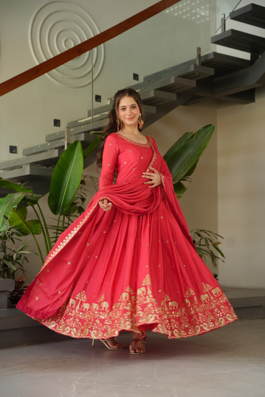 Rose Pink Graceful Chinnon Embroidered Gown Set with Designer Dupatta