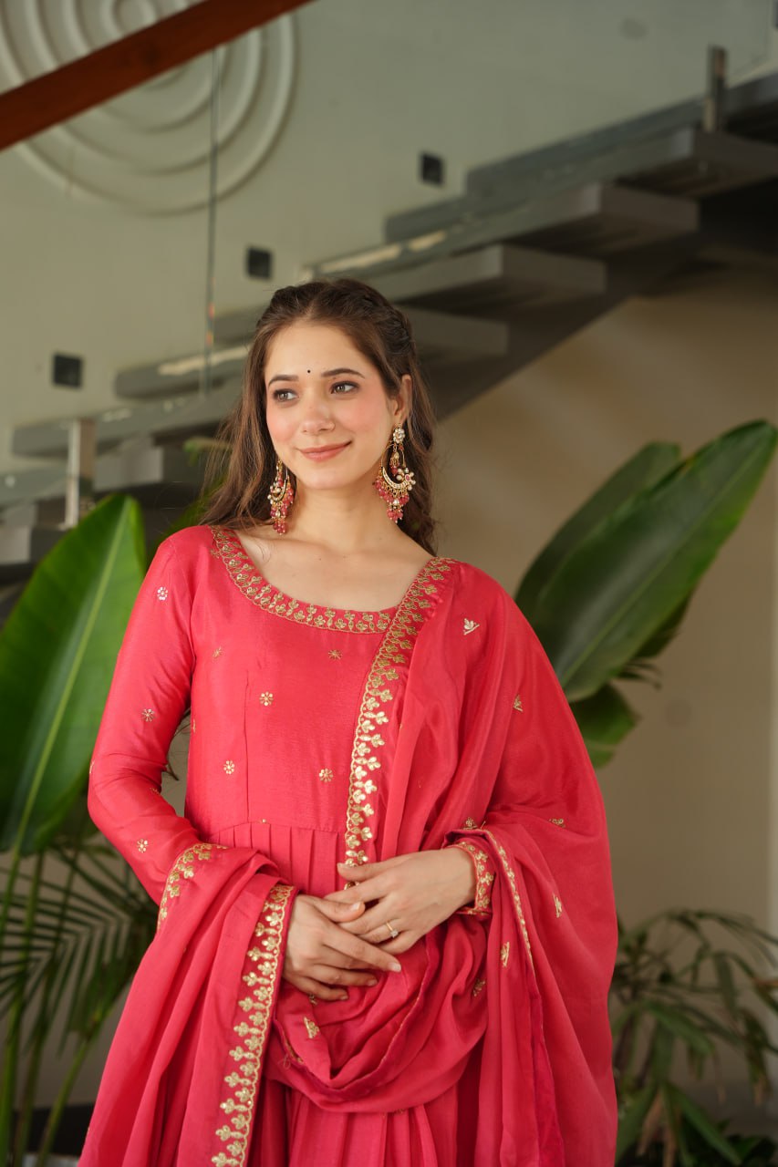 Rose Pink Graceful Chinnon Embroidered Gown Set with Designer Dupatta