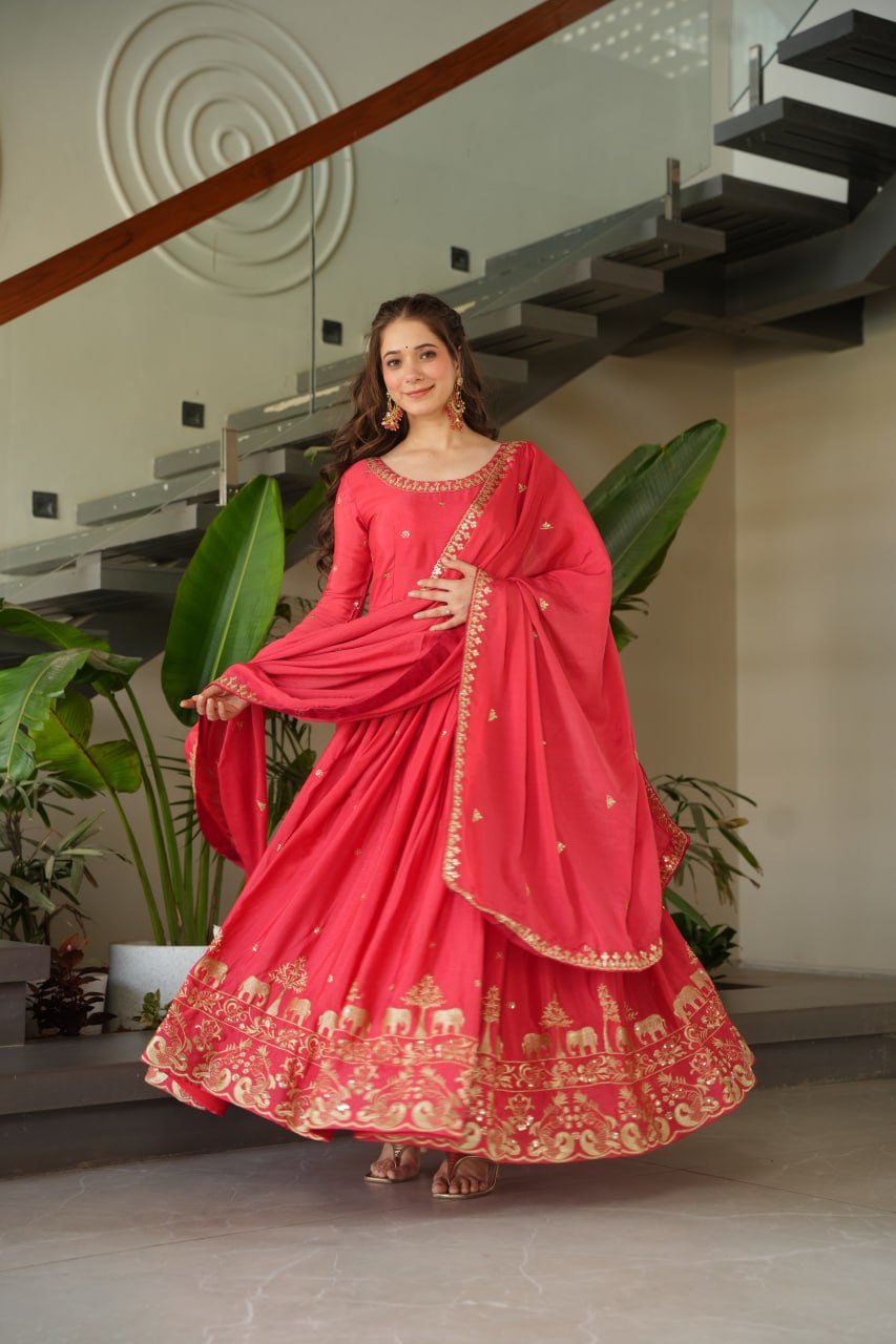 Rose Pink Graceful Chinnon Embroidered Gown Set with Designer Dupatta
