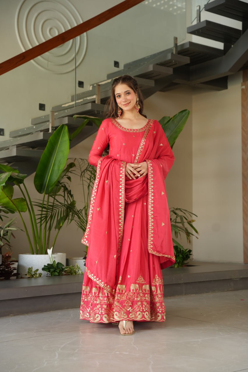 Rose Pink Graceful Chinnon Embroidered Gown Set with Designer Dupatta