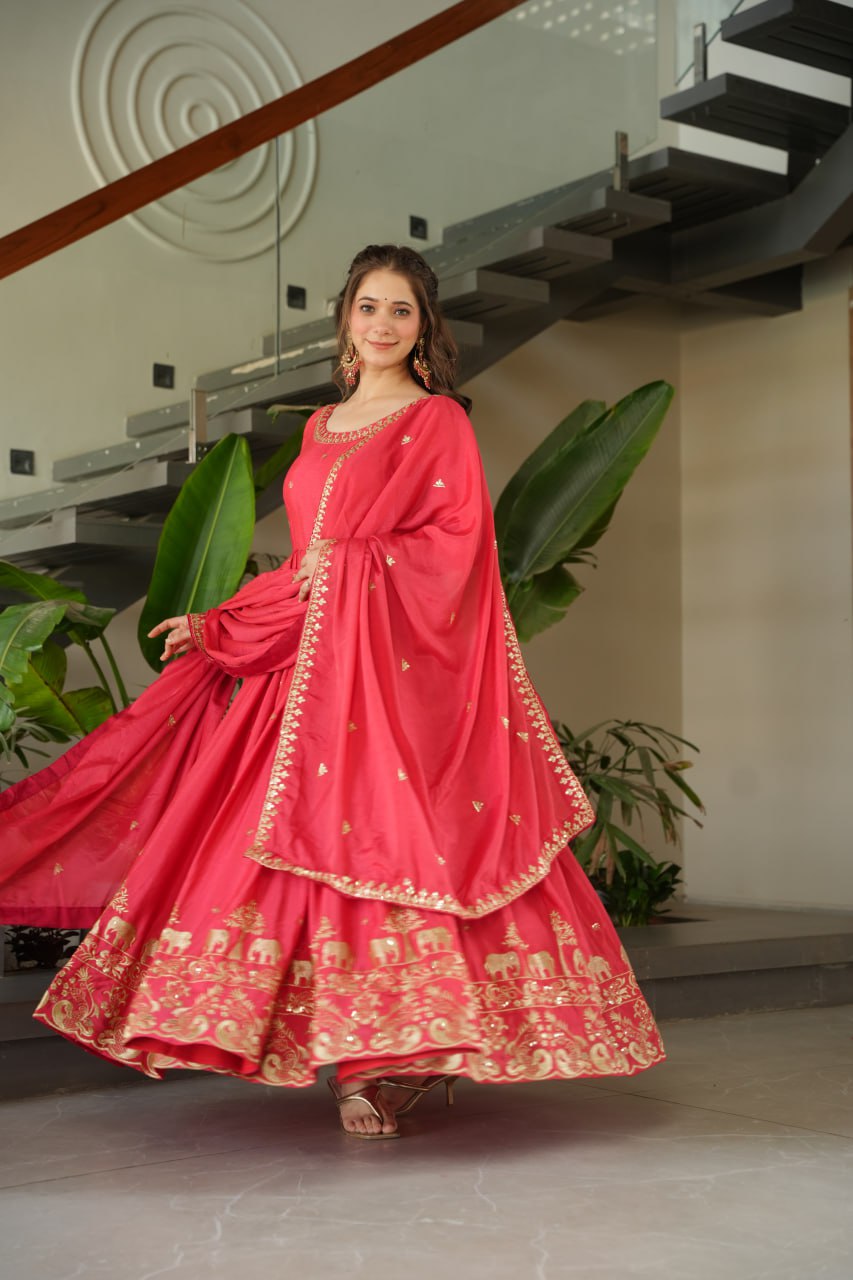 Rose Pink Graceful Chinnon Embroidered Gown Set with Designer Dupatta