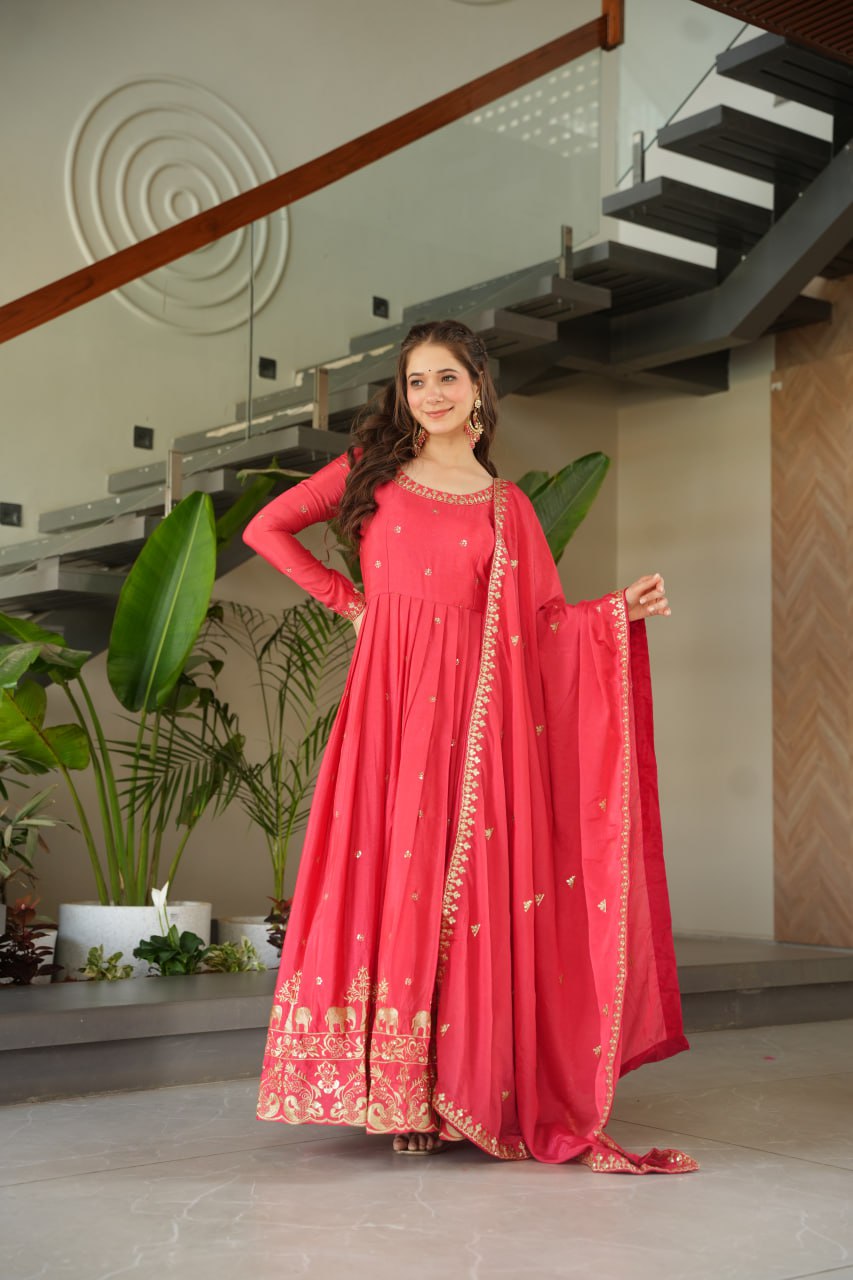 Rose Pink Graceful Chinnon Embroidered Gown Set with Designer Dupatta