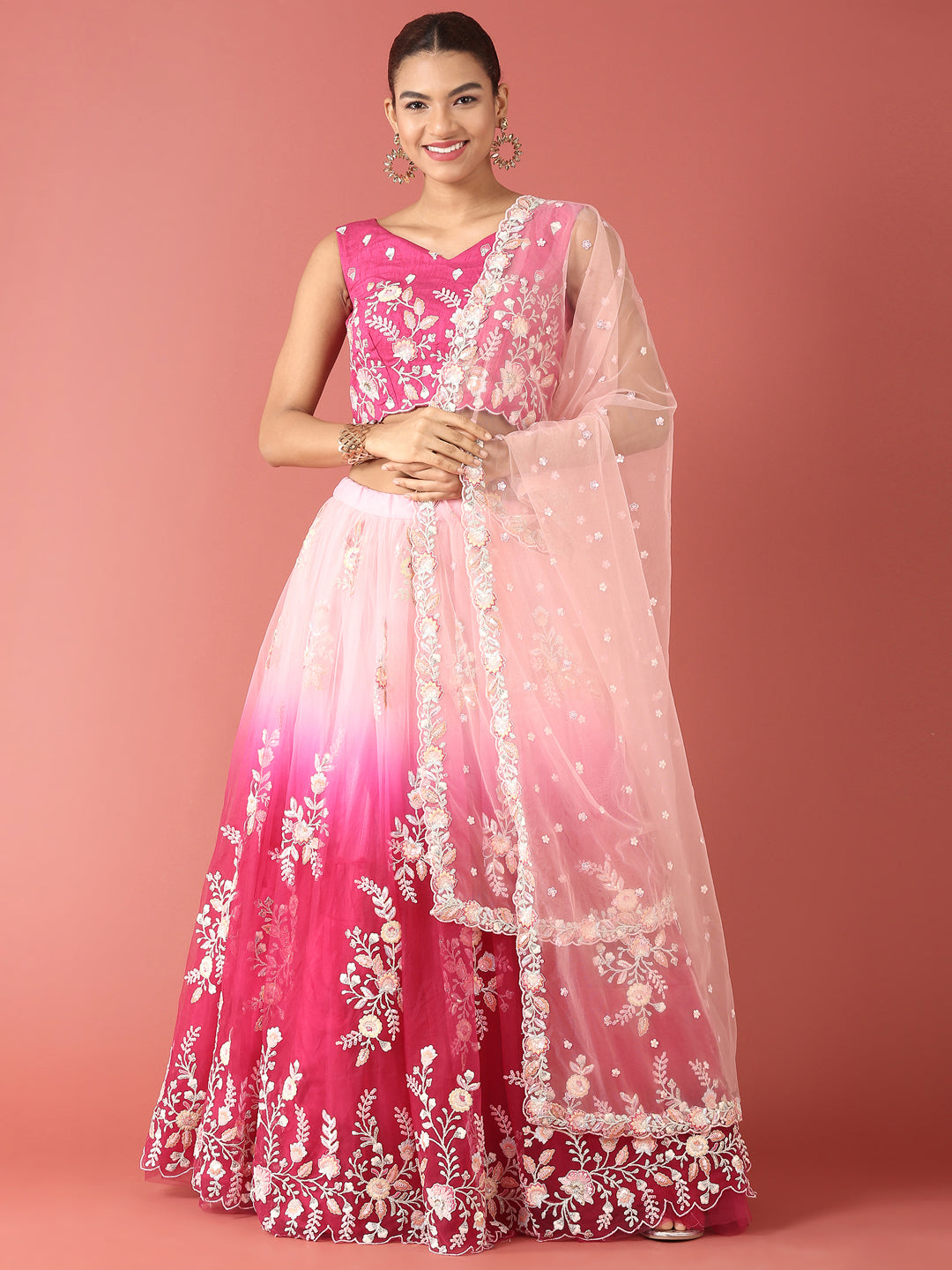 Rose Tone Shadding Net Sequinse Work Semi-Stitched Lehenga & Unstitched Blouse, Dupatta