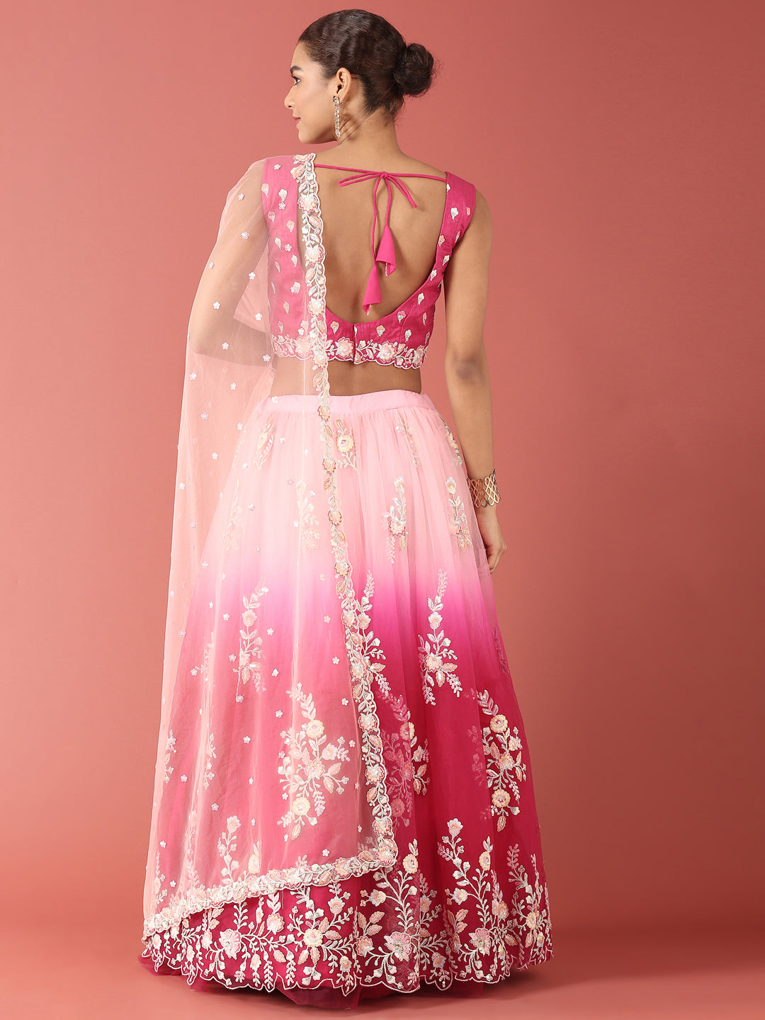 Rose Tone Shadding Net Sequinse Work Semi-Stitched Lehenga & Unstitched Blouse, Dupatta