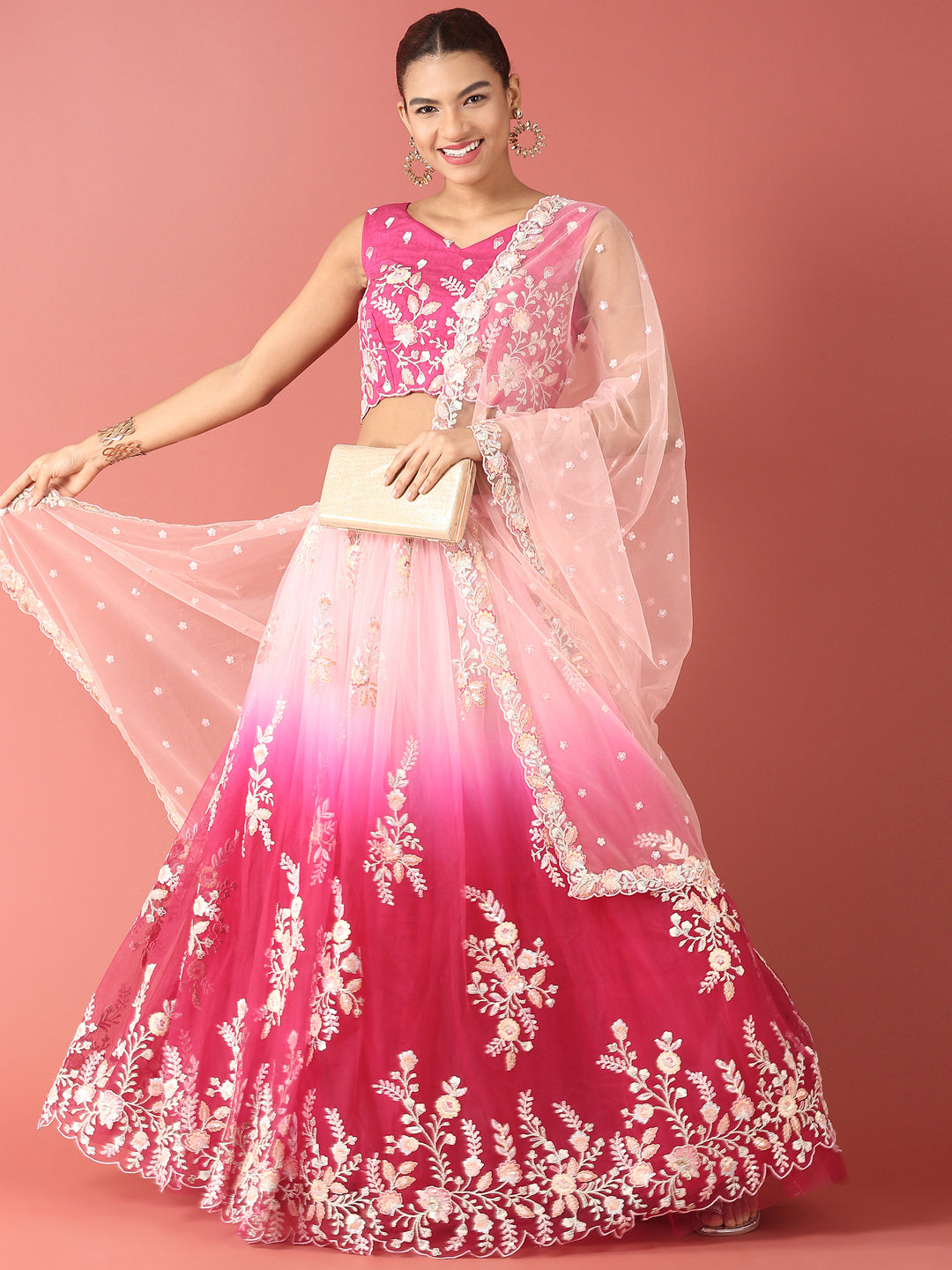 Rose Tone Shadding Net Sequinse Work Semi-Stitched Lehenga & Unstitched Blouse, Dupatta