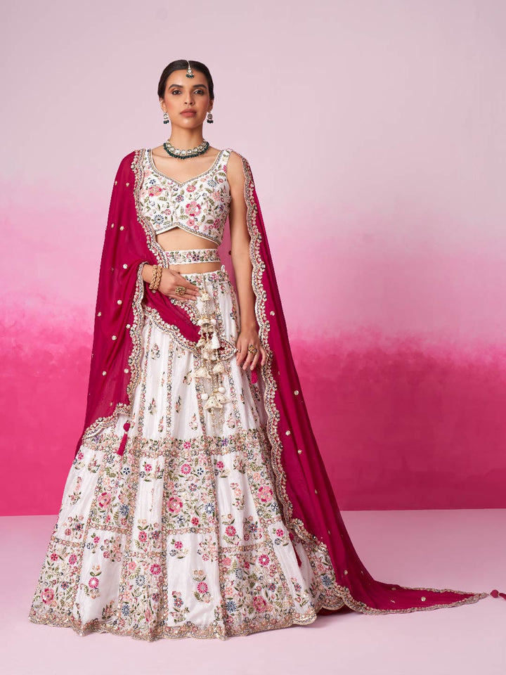 Rose White Georgette Moti, Sequins embroidery Semi-Stitched Bridel Lehenga choli & Dupatta