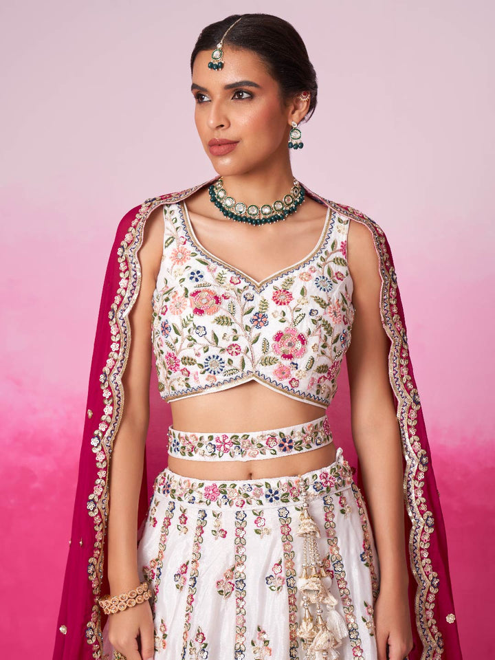 Rose White Georgette Moti, Sequins embroidery Semi-Stitched Bridel Lehenga choli & Dupatta