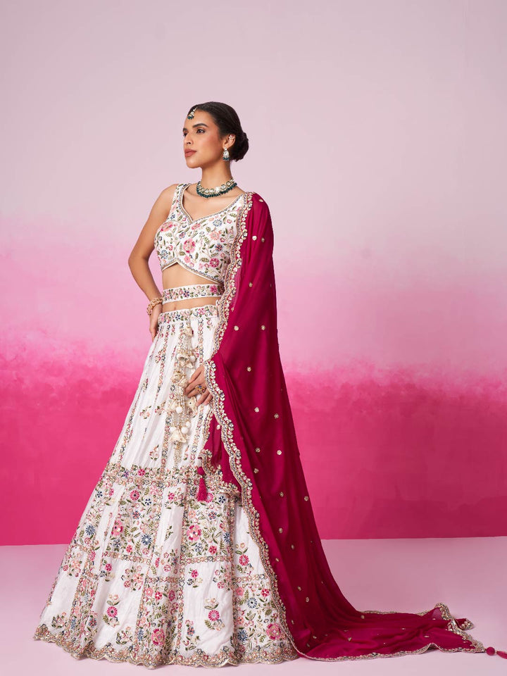 Rose White Georgette Moti, Sequins embroidery Semi-Stitched Bridel Lehenga choli & Dupatta
