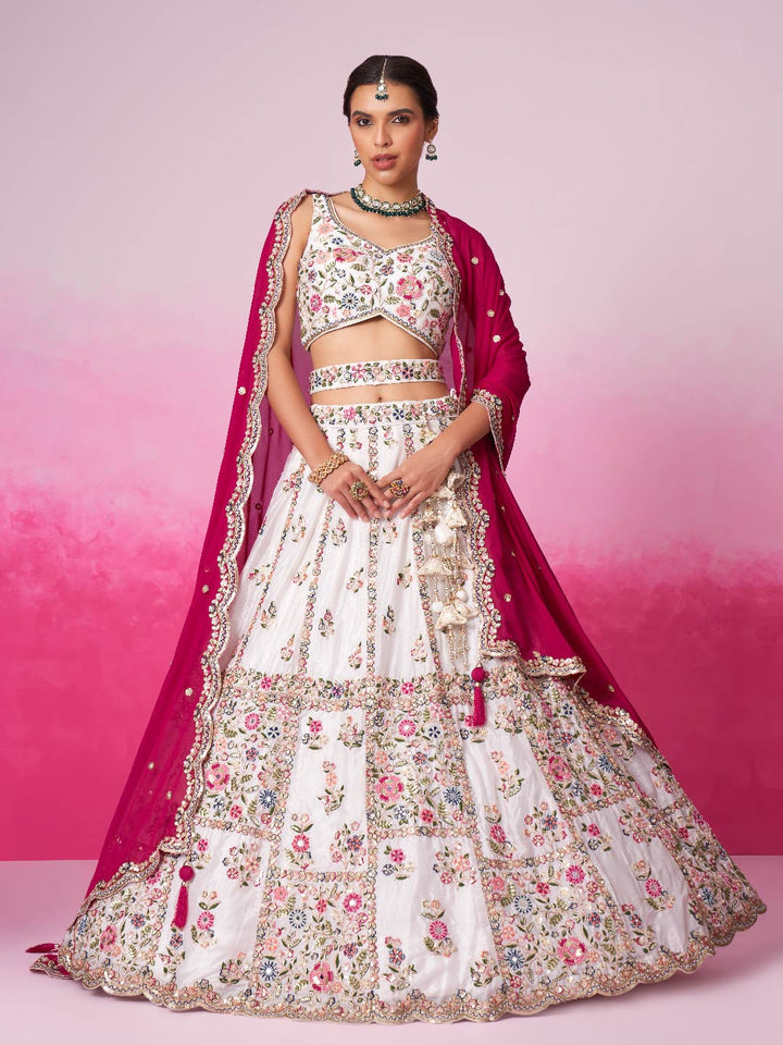 Rose White Georgette Moti, Sequins embroidery Semi-Stitched Bridel Lehenga choli & Dupatta