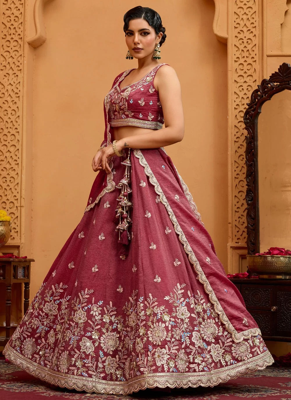 Opulent rosegold tissue lehenga with sequin stone embroidery