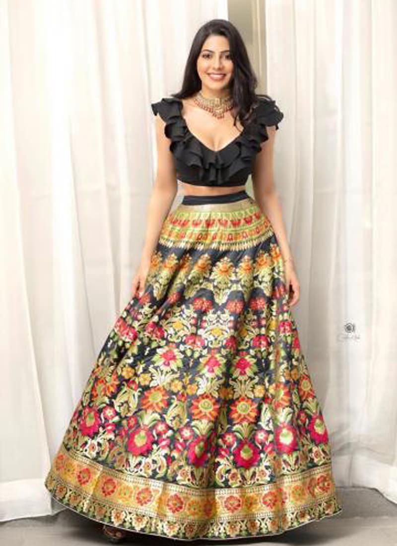 Royal Black Taffeta Silk and Silk Weaving Lehenga Choli Set