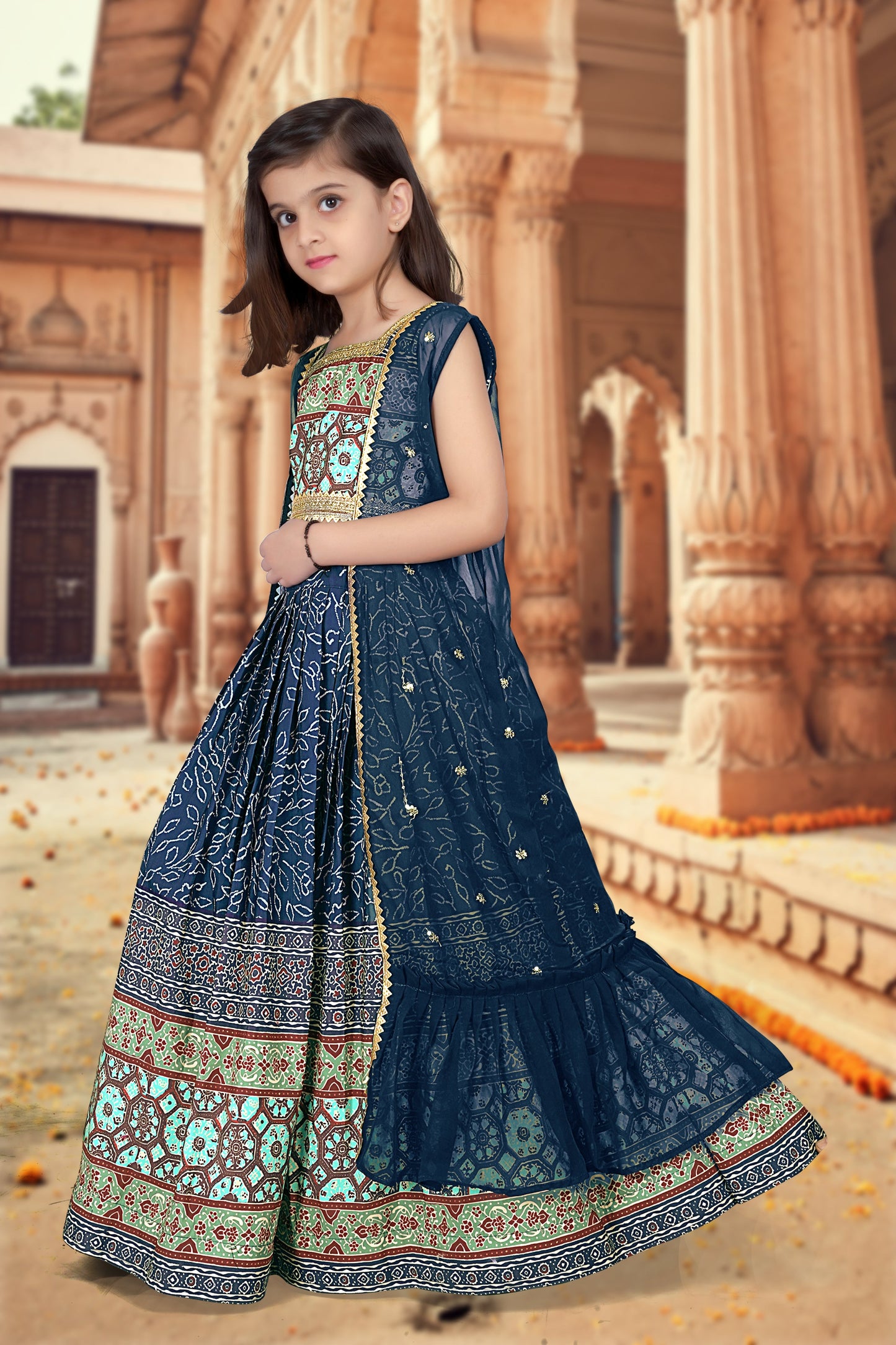 Royal Blue Ajrakh Printed Designer Kids Lehenga Choli Set