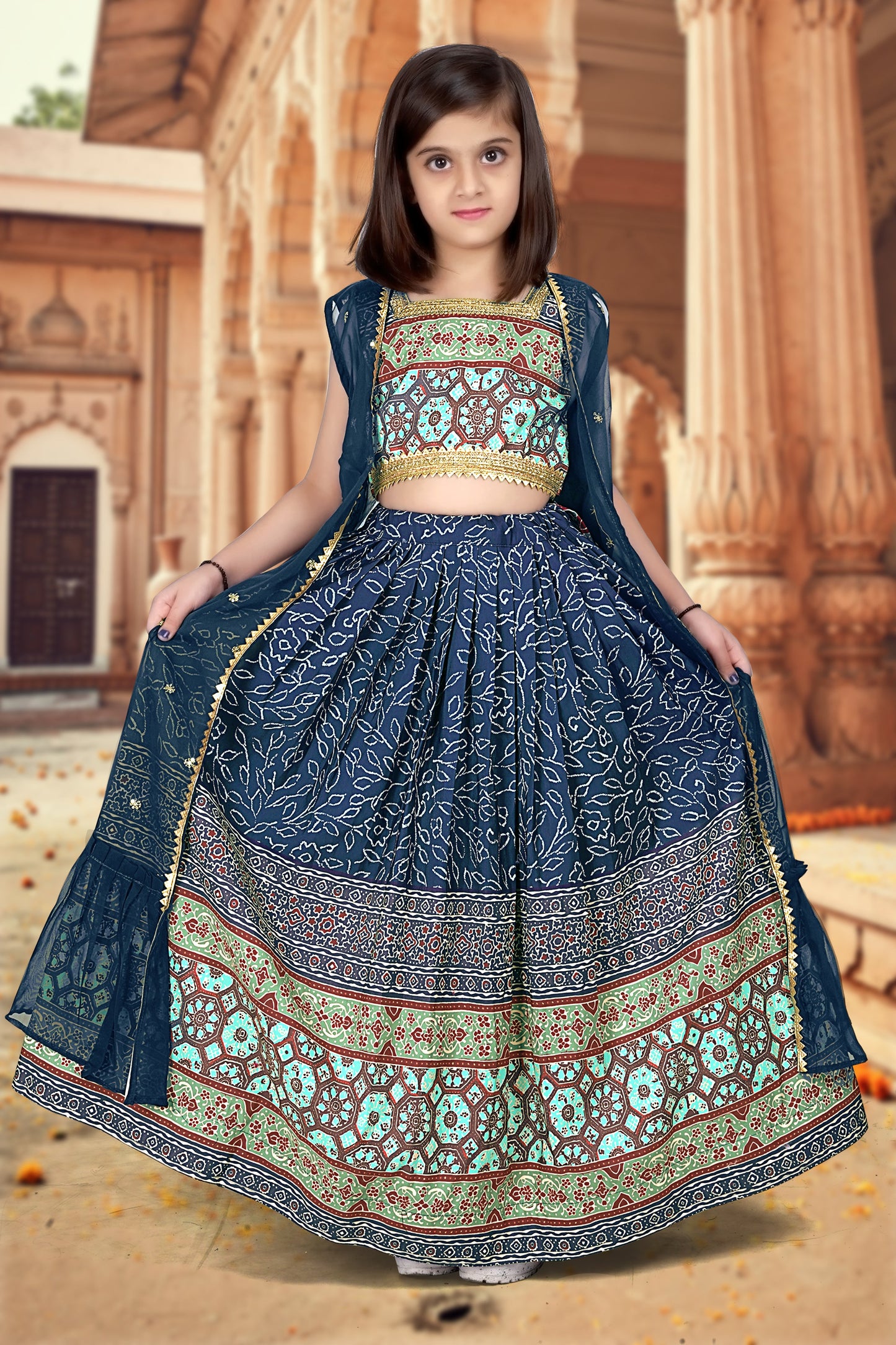 Royal Blue Ajrakh Printed Designer Kids Lehenga Choli Set