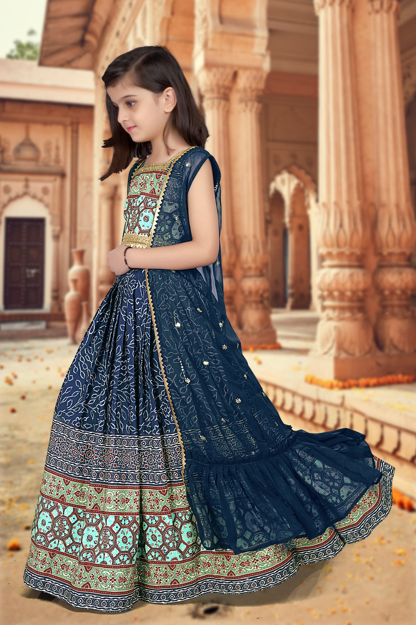 Royal Blue Ajrakh Printed Designer Kids Lehenga Choli Set