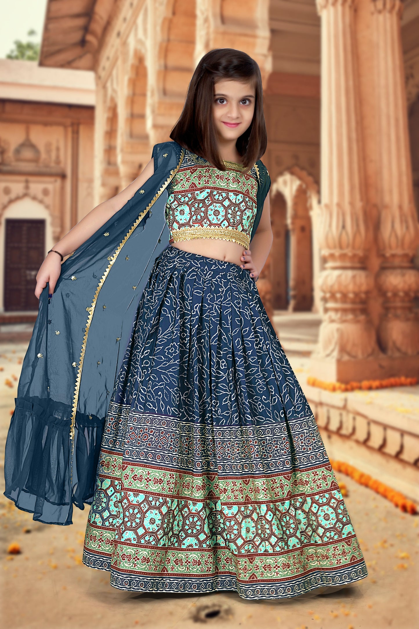 Royal Blue Ajrakh Printed Designer Kids Lehenga Choli Set