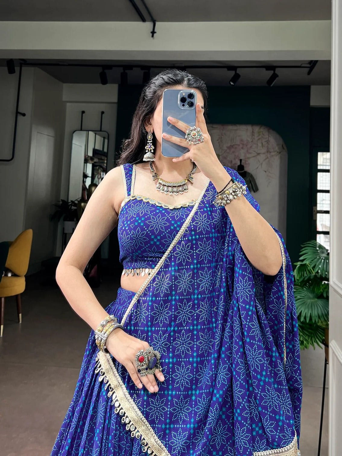 Royal blue bandhej lehenga choli for navratri garba