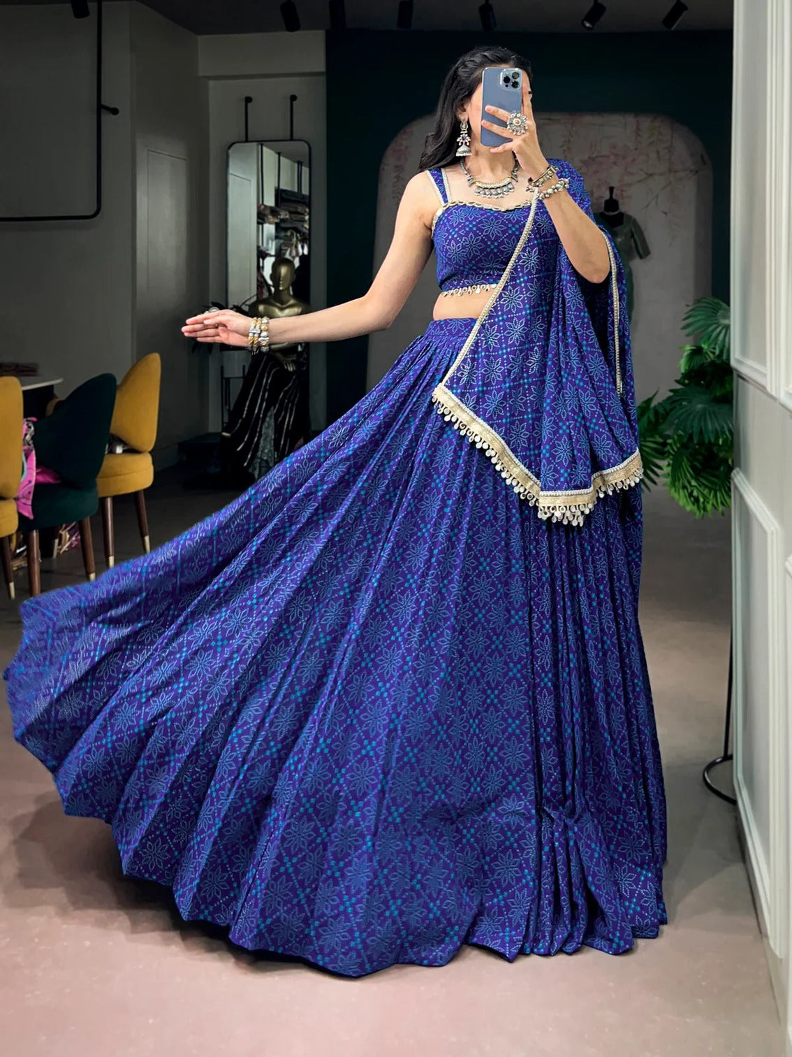 Royal blue bandhej lehenga choli for navratri garba