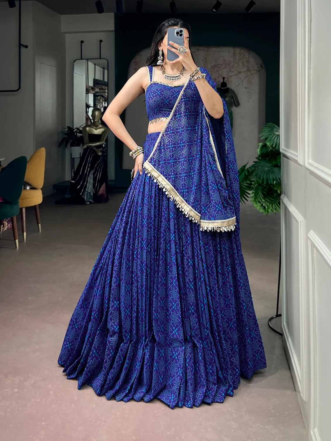 Royal blue bandhej lehenga choli for navratri garba