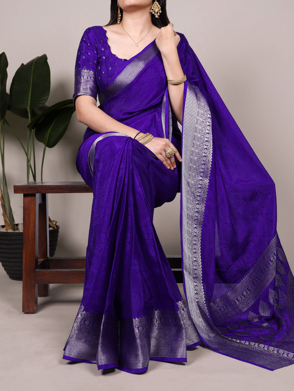 Royal Blue Chinon Self-Printed Saree with Zari Weaving Work & Matching Unstitched Blouse – Lightweight Festive & Traditional Wear Saree for Women