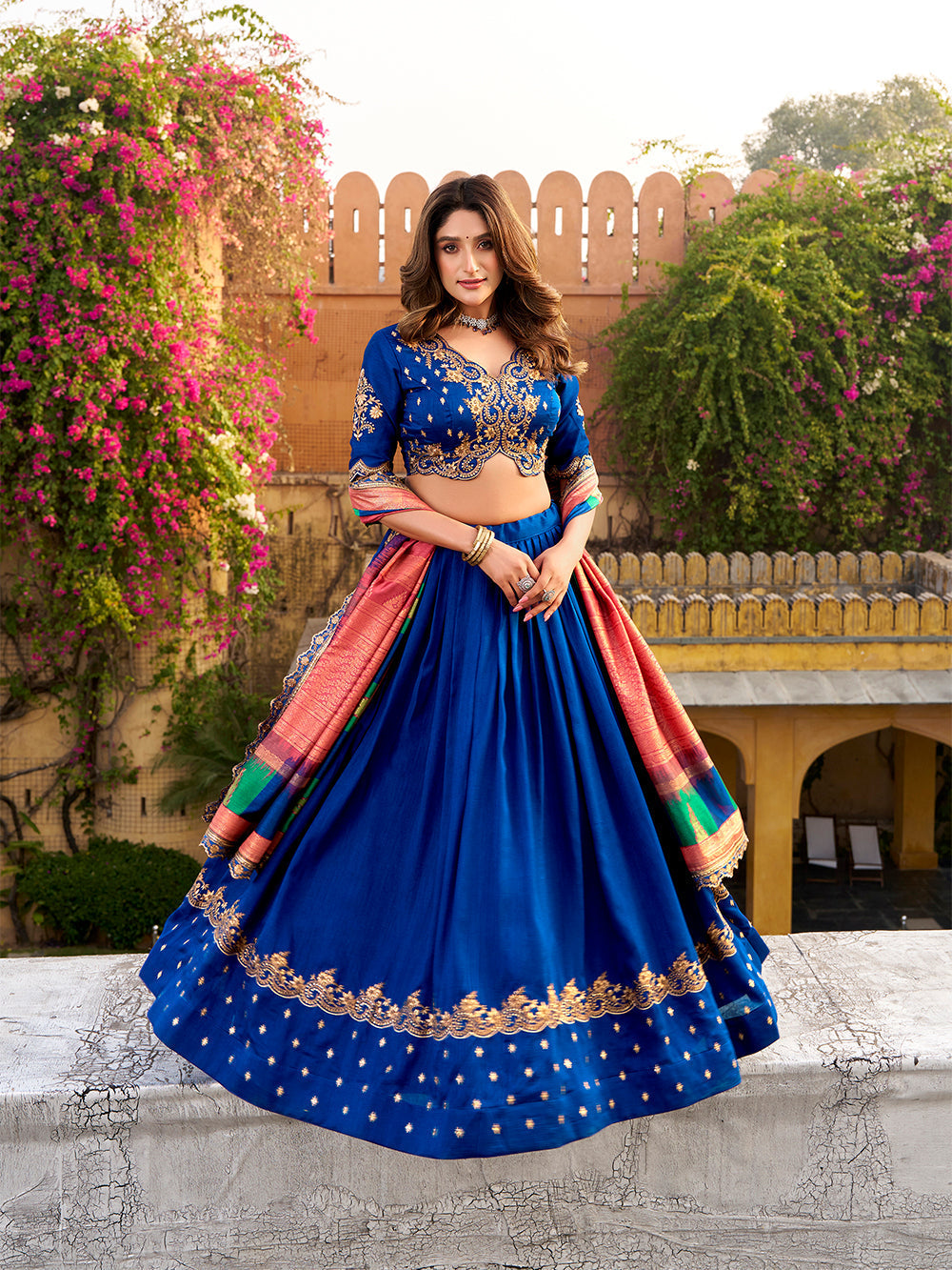 Royal blue vichitra silk lehenga choli with sequins thread embroidery