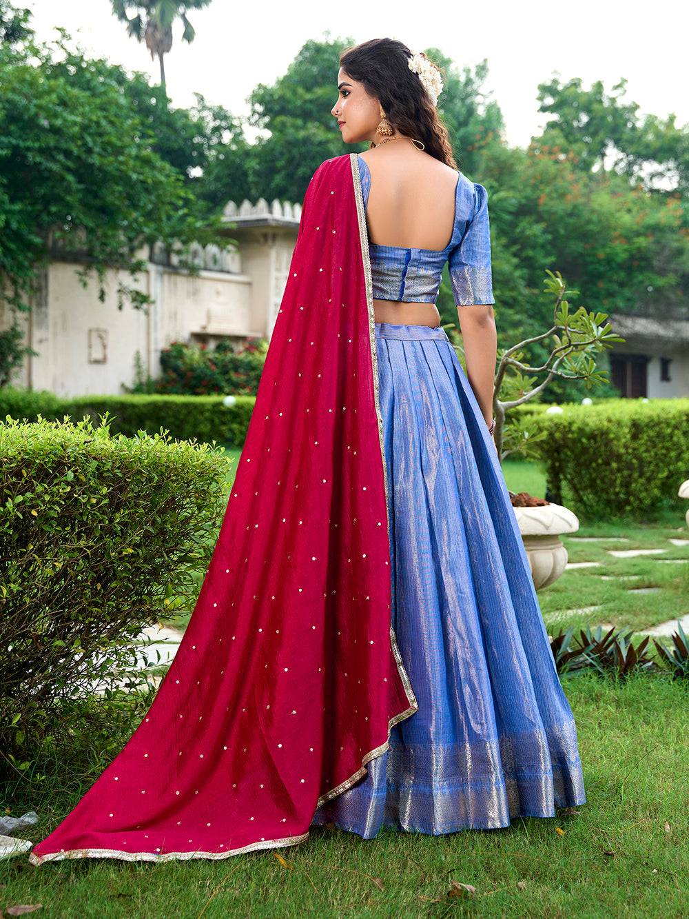 Royal blue kanchipuram lehenga choli with zari weaving embroidered dupatta