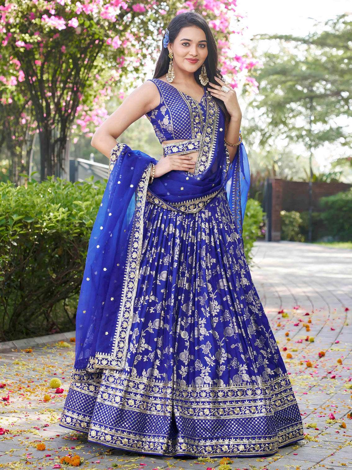 Royal Blue Dola Silk Jacquard Embroidered Lehenga Choli