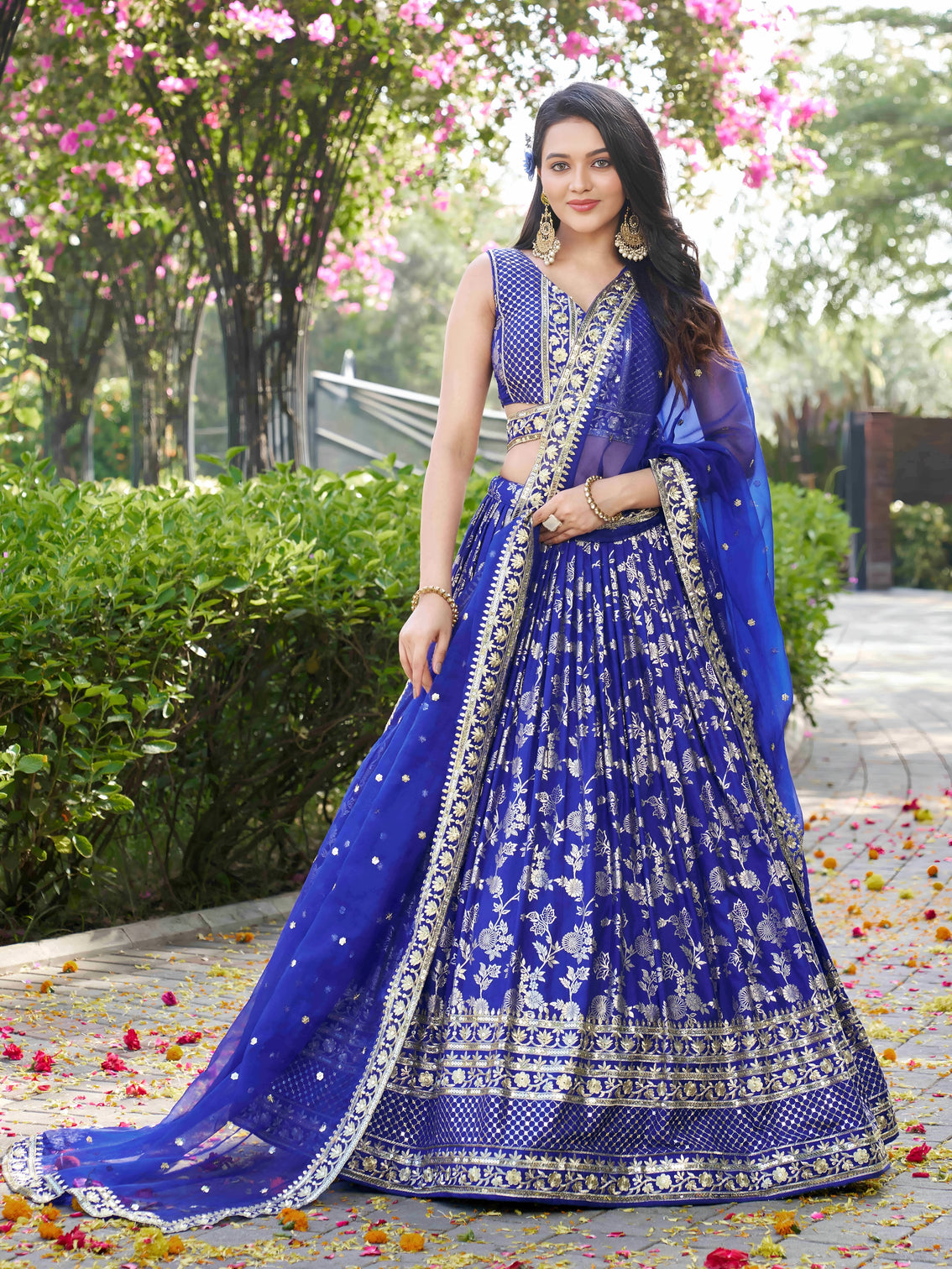 Royal Blue Dola Silk Jacquard Embroidered Lehenga Choli