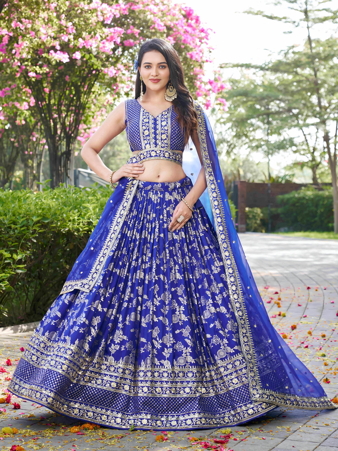 Royal Blue Dola Silk Jacquard Embroidered Lehenga Choli