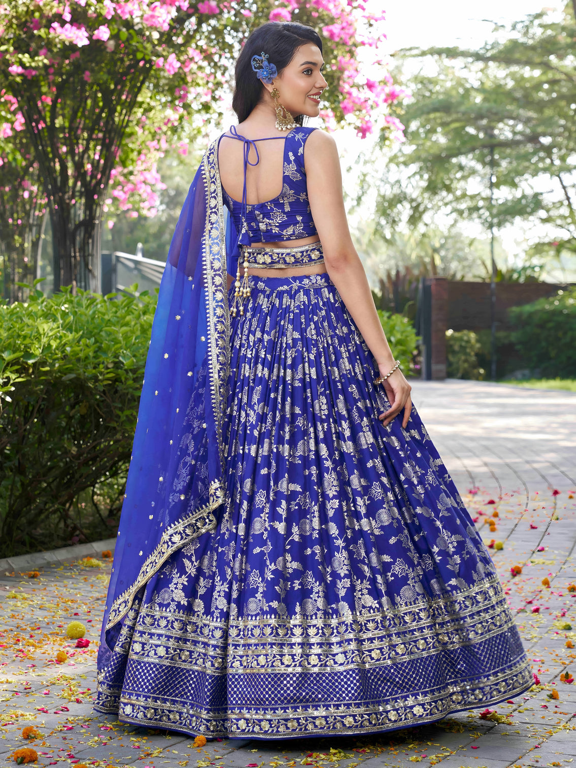 Royal Blue Dola Silk Jacquard Embroidered Lehenga Choli