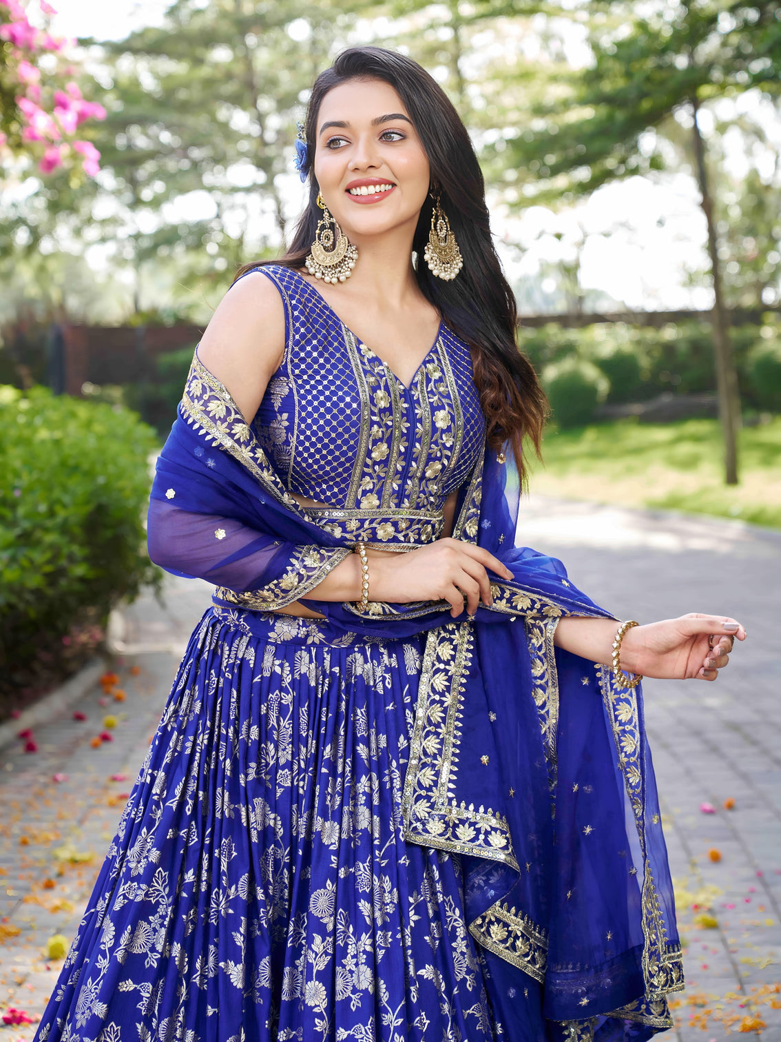 Royal Blue Dola Silk Jacquard Embroidered Lehenga Choli