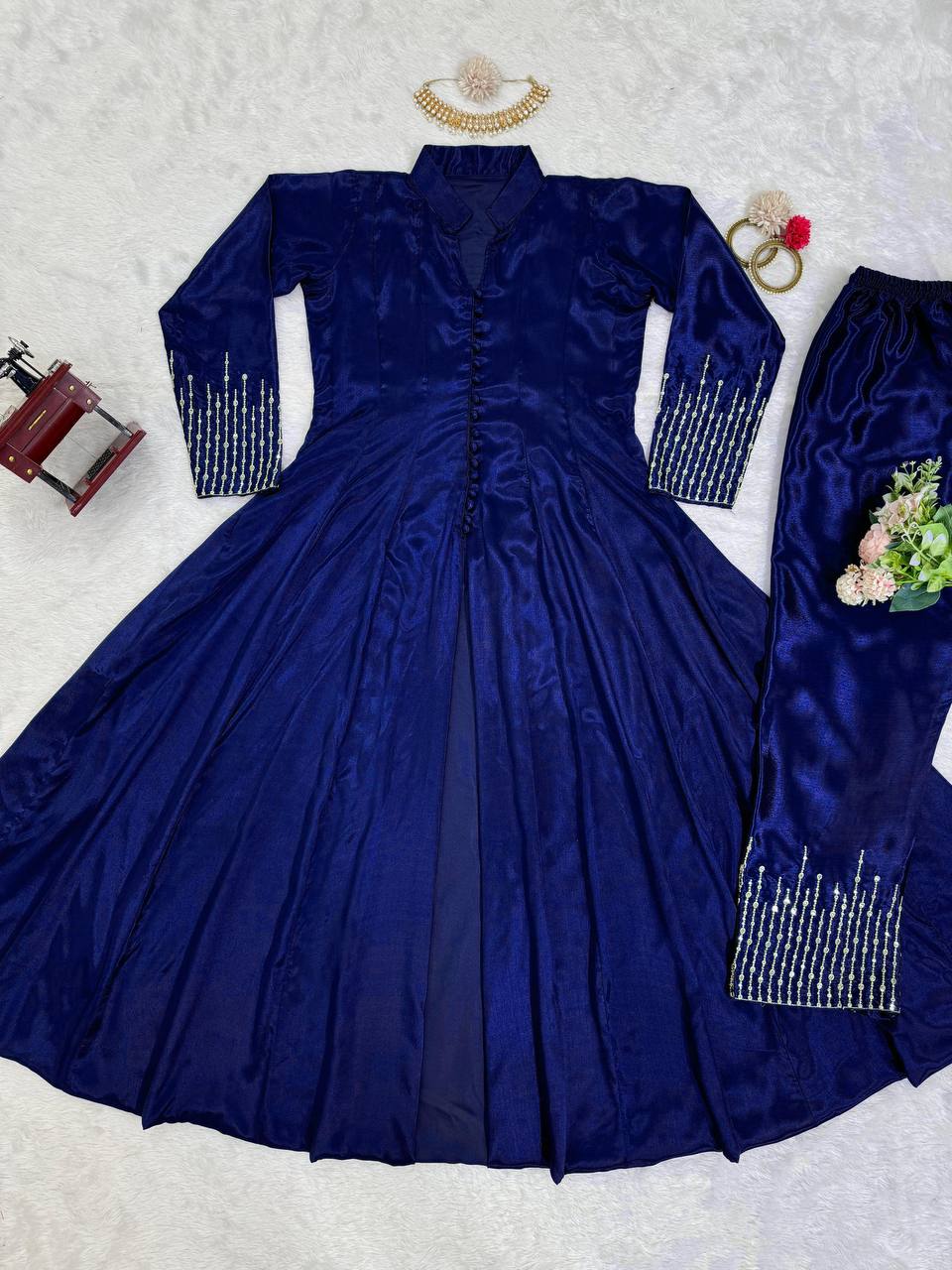 Royal Blue Elegant Chinon Silk Ensemble – Perfect for Every Occasion!