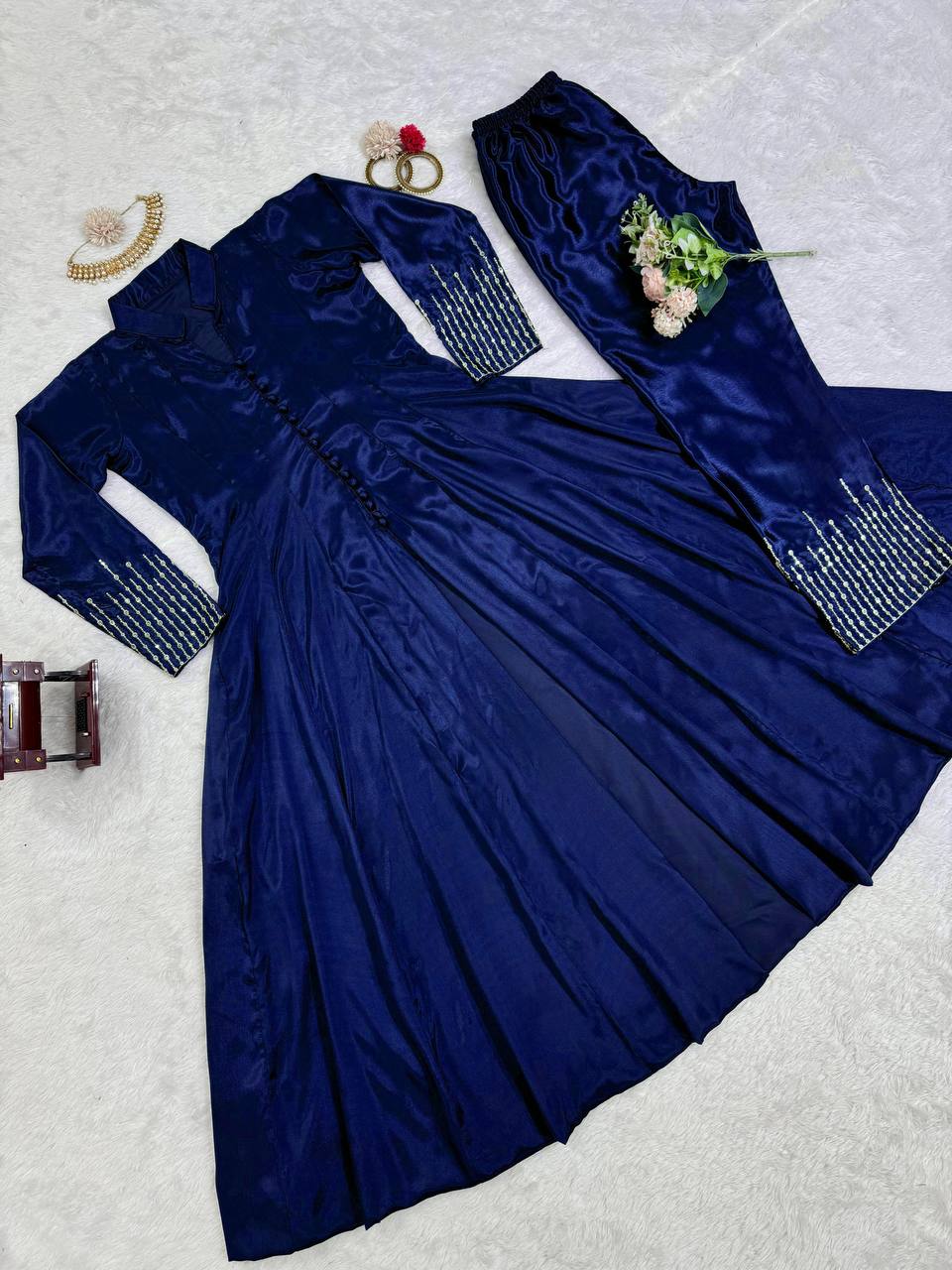 Royal Blue Elegant Chinon Silk Ensemble – Perfect for Every Occasion!