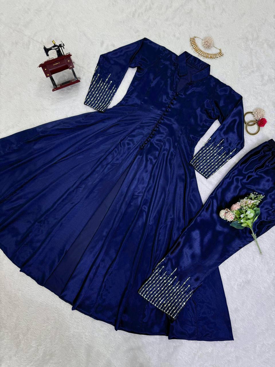 Royal Blue Elegant Chinon Silk Ensemble – Perfect for Every Occasion!