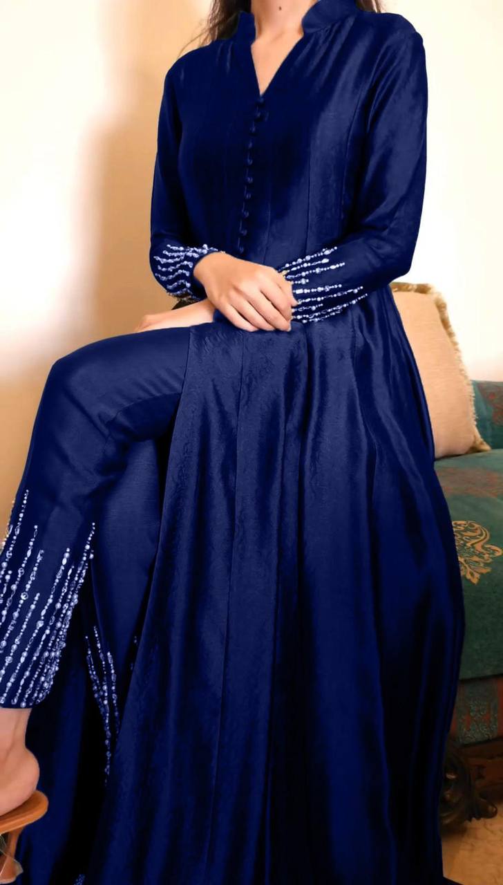 Royal Blue Elegant Chinon Silk Ensemble – Perfect for Every Occasion!