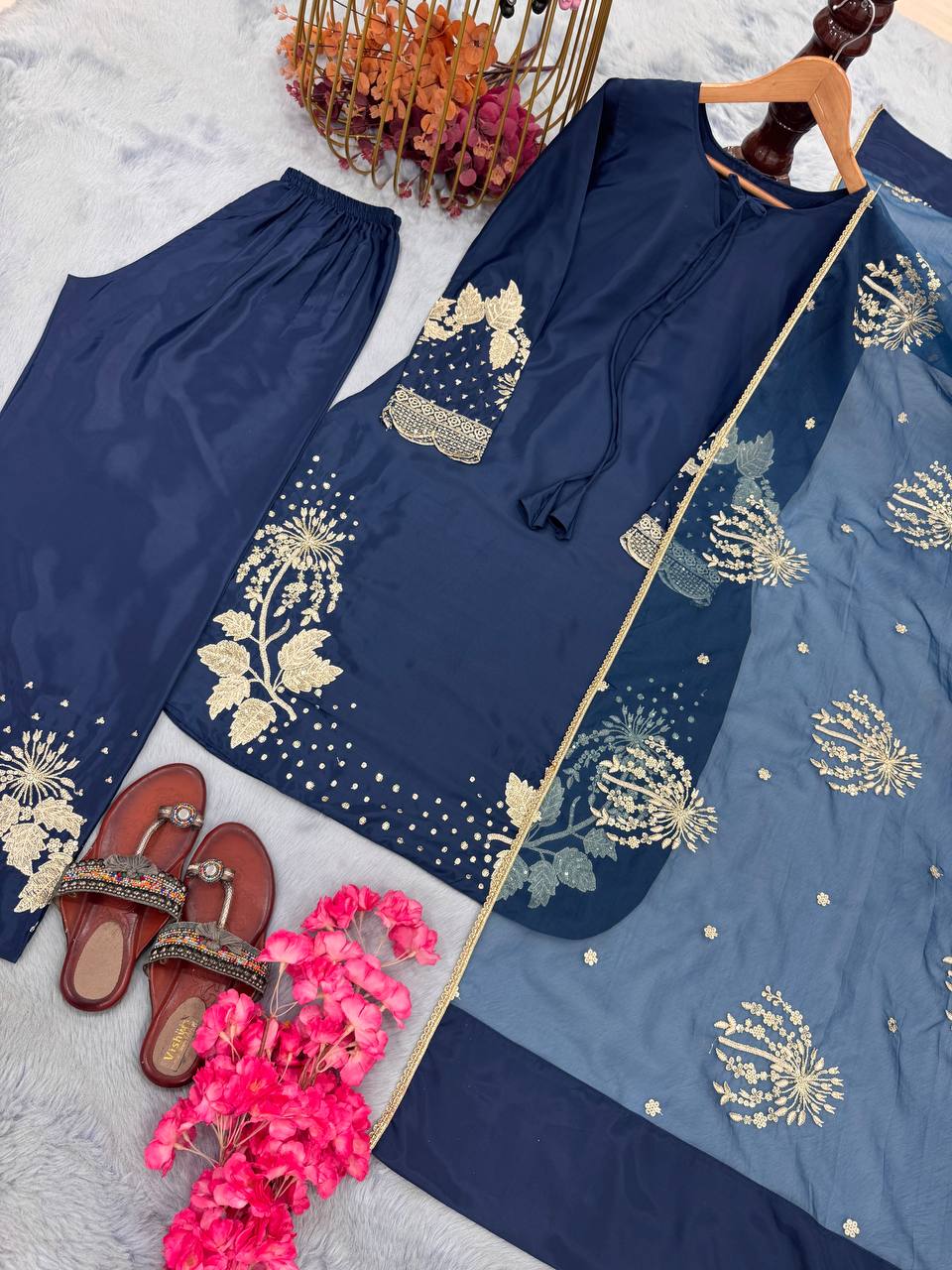 Royal Blue Elegant Embroidered Crepe Palazzo Set with Dupatta