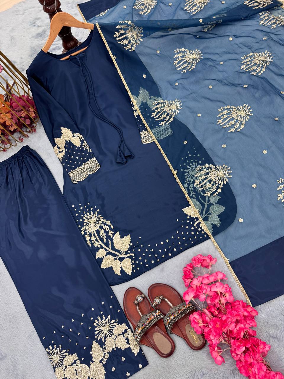 Royal Blue Elegant Embroidered Crepe Palazzo Set with Dupatta