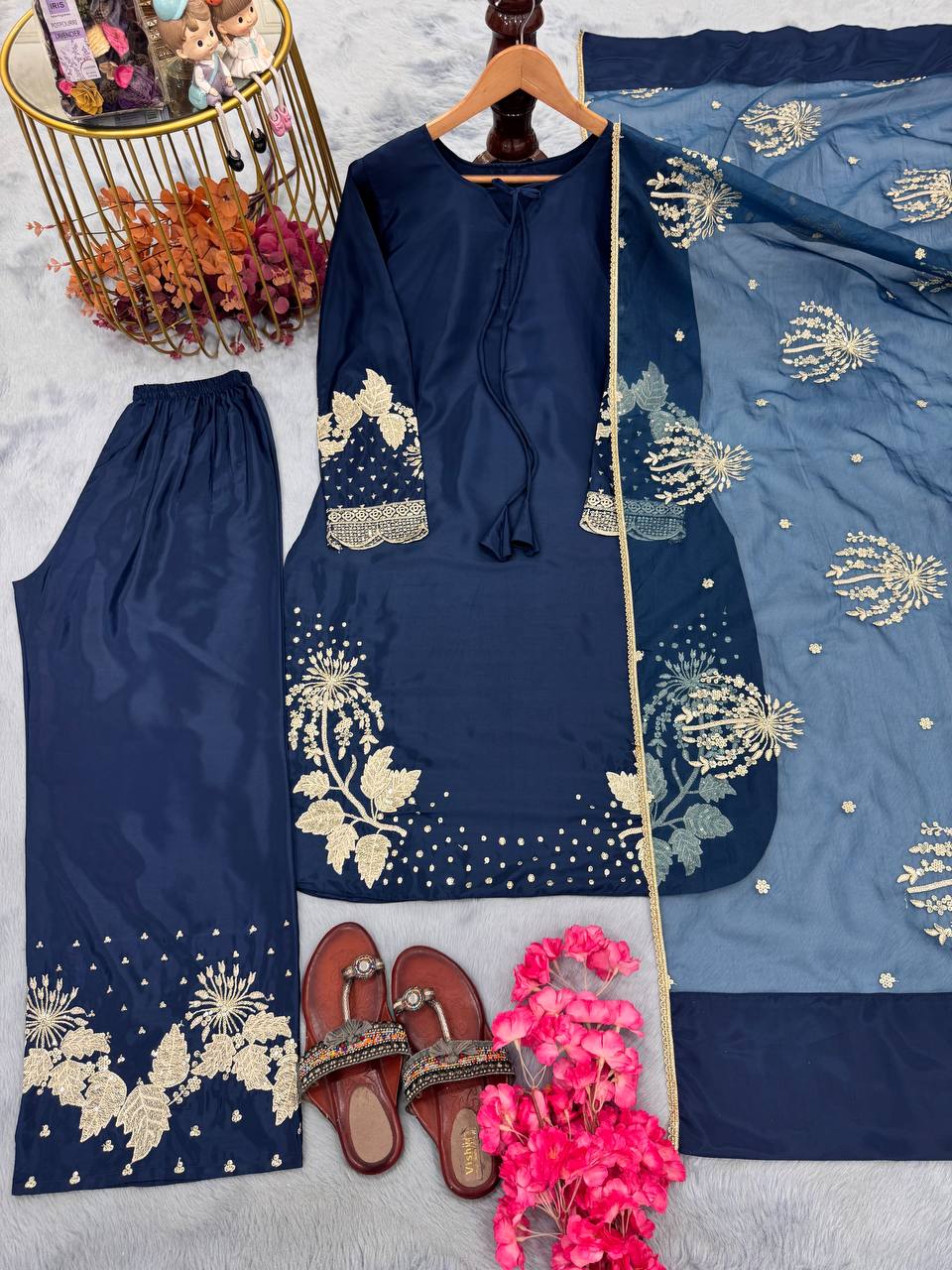 Royal Blue Elegant Embroidered Crepe Palazzo Set with Dupatta