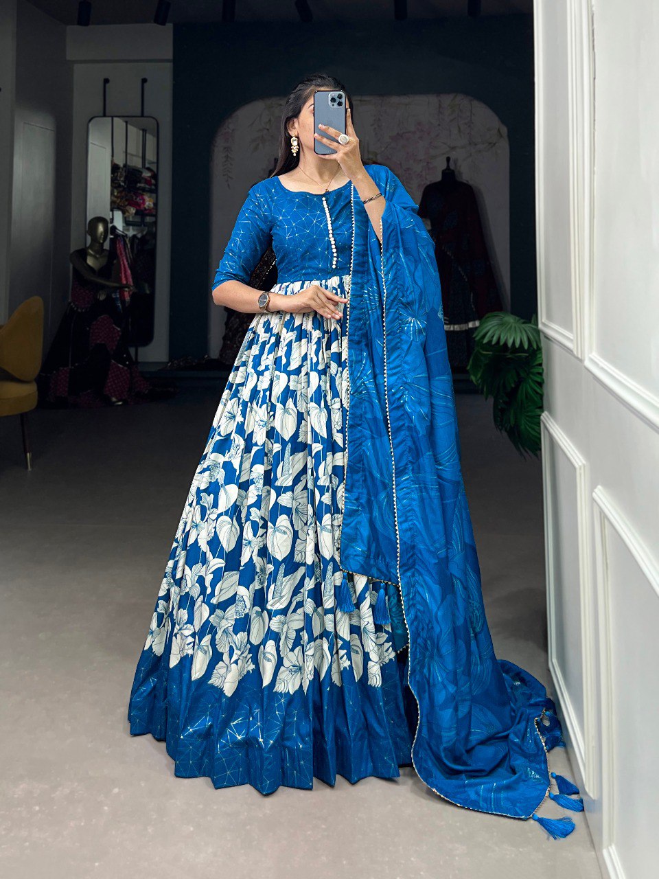 Royal Blue Elegant Tussar Silk Ready-to-Wear Gown with Dupatta