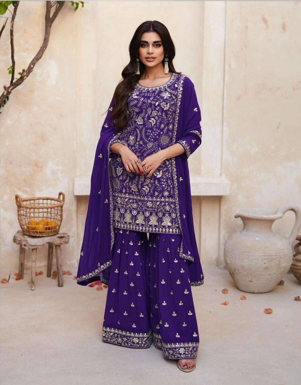 Royal Blue Embroidered Georgette Kurta Set