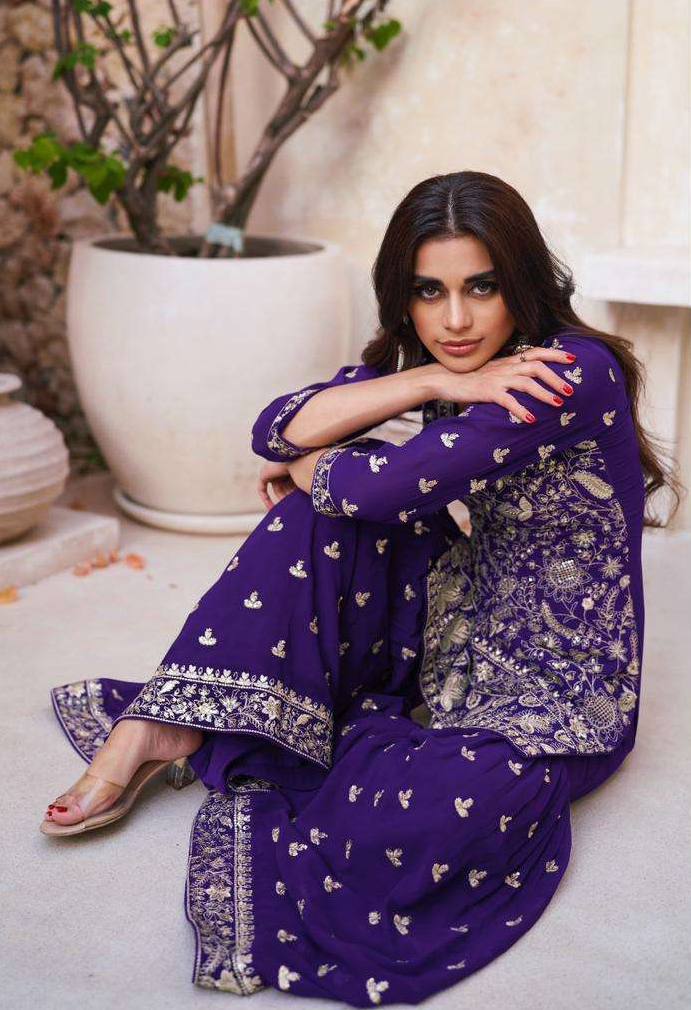 Royal Blue Embroidered Georgette Kurta Set